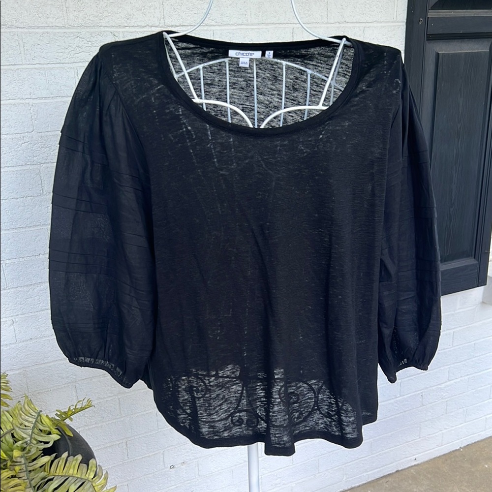 Chico's Linen Relaxed Black 3/4 Sleeve Blouse